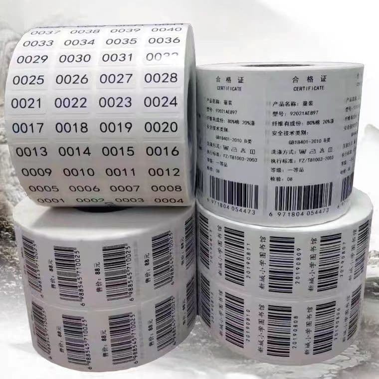Custom printed adhesive barcode labels for library, clothing, price tags, and hang tags
