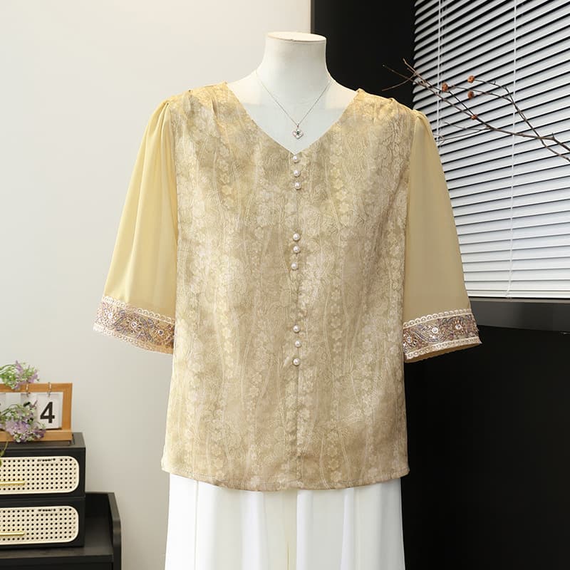 Qiaoya Ying Middle-aged and Elderly Women's Top Mother's Day Three-quarter Sleeve Base Shirt Breathable Plus Size Mom Blouse
