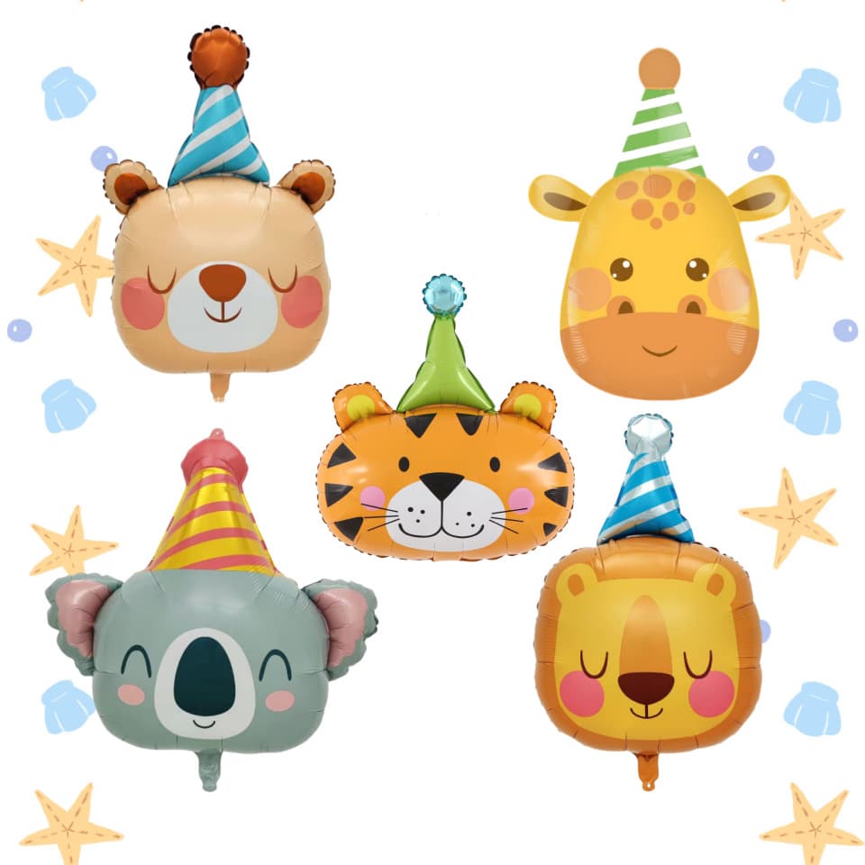 Cartoon Birthday Hat Tiger Lion Animal Head Foil Balloon for Kids Birthday Party Scene Decoration