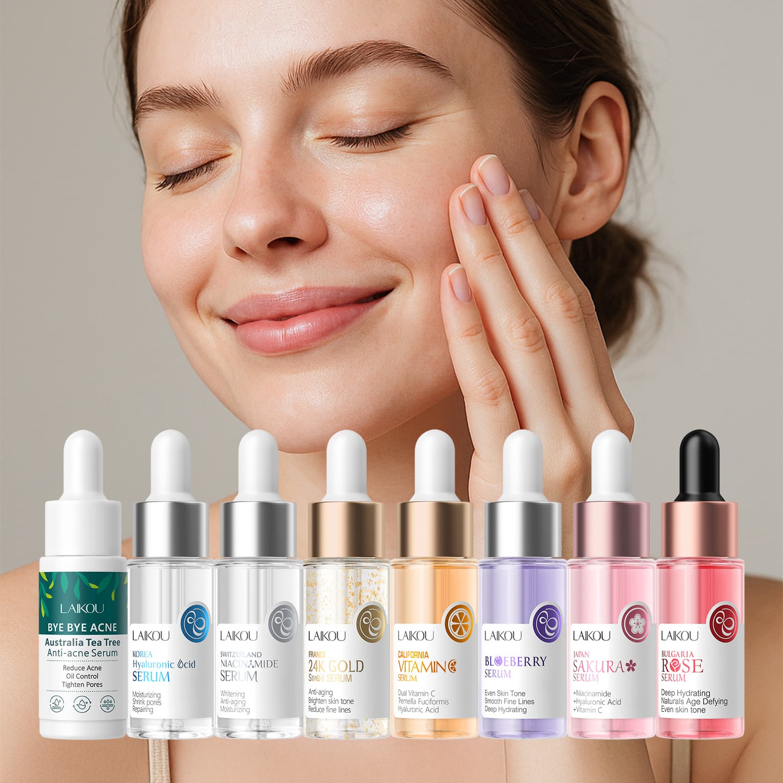 Laikou Eight-Color Essence, Sodium Hyaluronate, Cherry Blossom Niacinamide, Vitamin C, Snail Essence, Cross-border E-commerce Skincare Products