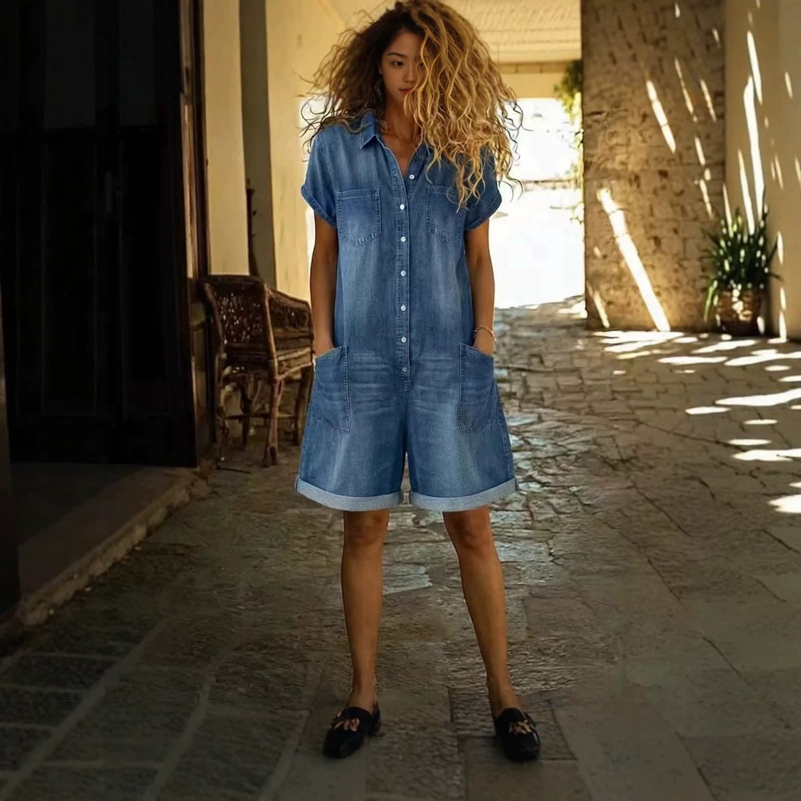 2026 Summer Short-Sleeve Multi-Pocket Shirt Washed Denim Jumpsuit Shorts Cross-Border Women's Clothing