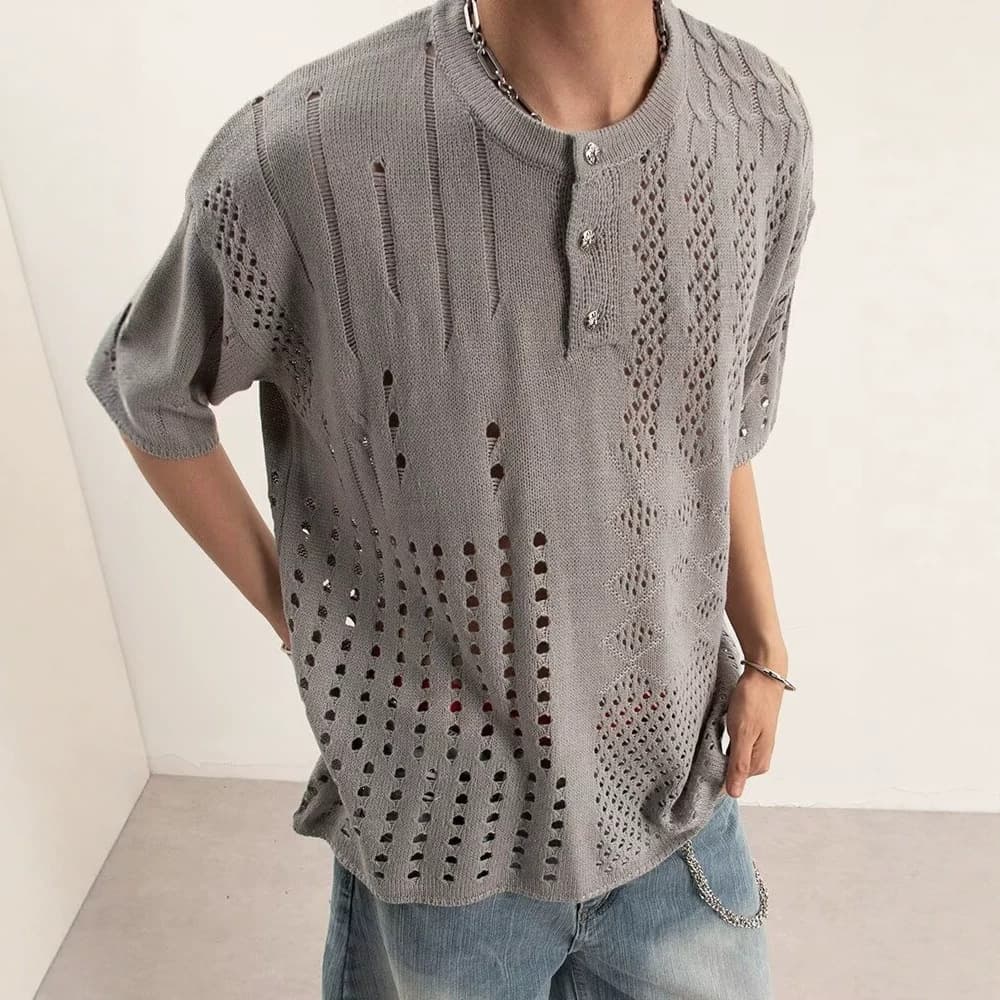American Vintage Retro Hollow Knit Short-Sleeve Sweater Men's New Summer Casual Knit Top Trendy
