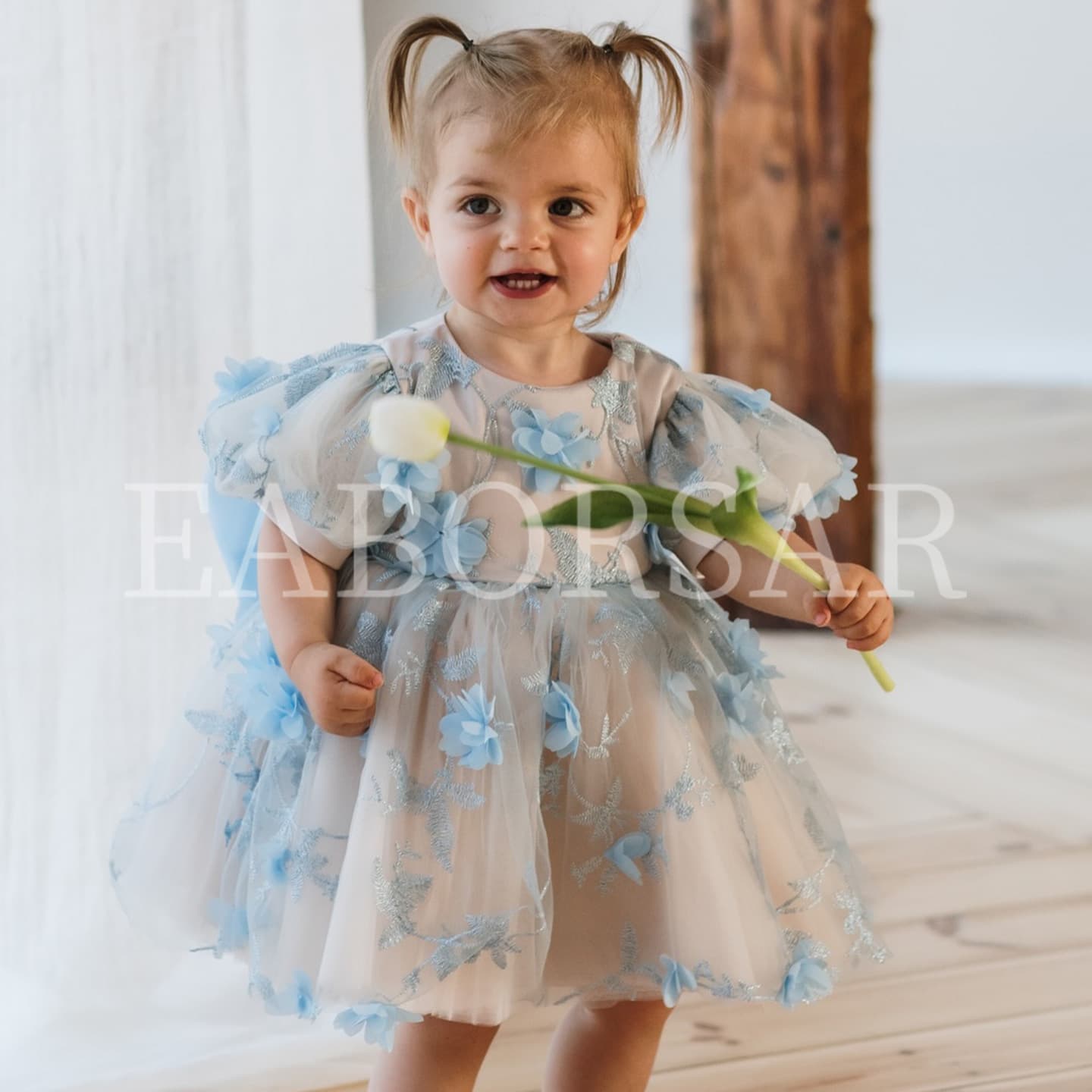 Children's dress three-dimensional flower European and American French bow mesh skirt blue princess dress for children and middle-aged children cross-border shipping