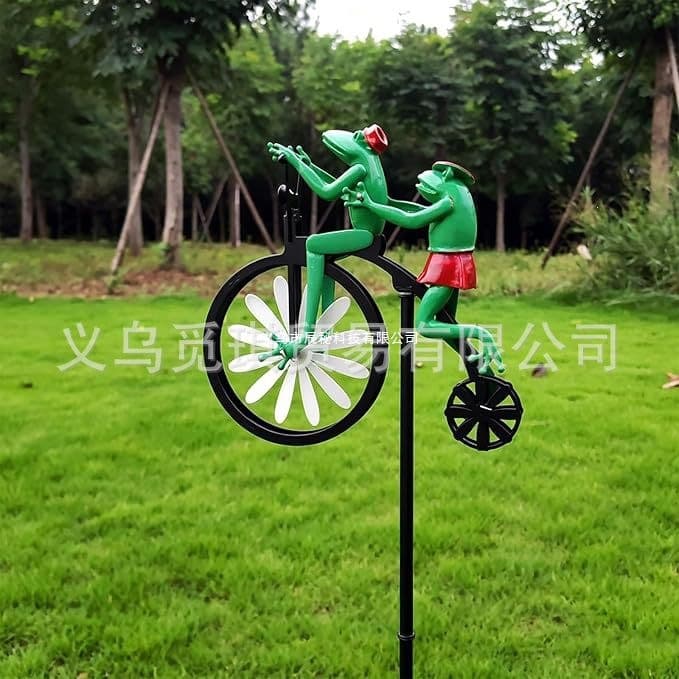 New Cartoon Frog Riding Bike Metal Windmill Animal Motorcycle Iron Art Garden Yard Decoration Factory Wholesale