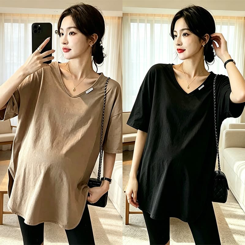 Maternity V-Neck Solid Short Sleeve Summer Top Loose Fit Conceal Belly Commuter Style T-Shirt
