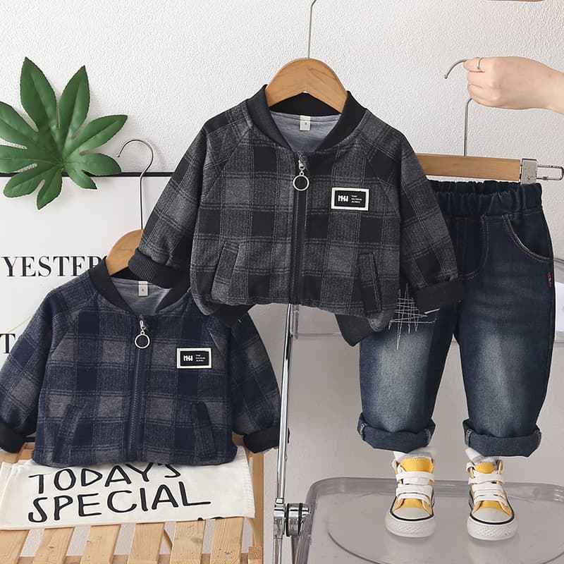 2026 New Boys' Spring and Autumn Suit, Fashionable Baby Handsome Spring and Autumn Suit, Plaid Long Sleeve Two-piece Trendy Wholesale