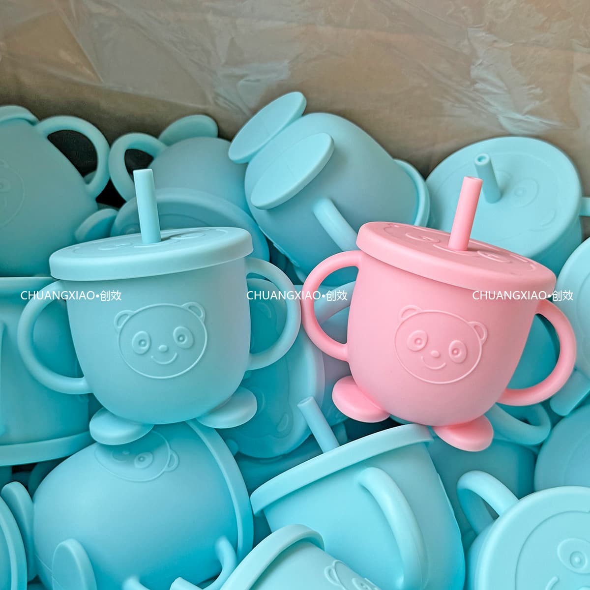 Hot Selling Silicone Panda Water Cup Children's Training Cup Baby Drinking Cup 3-in-1 with Lid and Straw Wholesale