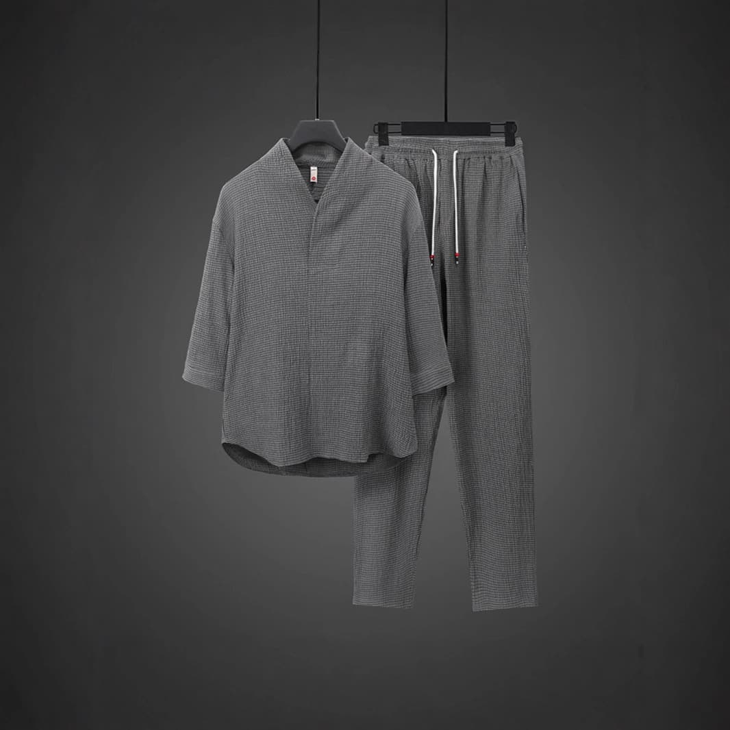 2025 New Thin Casual Sport Suit for Men Summer Chinese Style High-End V-Neck Slim Fit Three-Quarter Sleeve Two-Piece Set