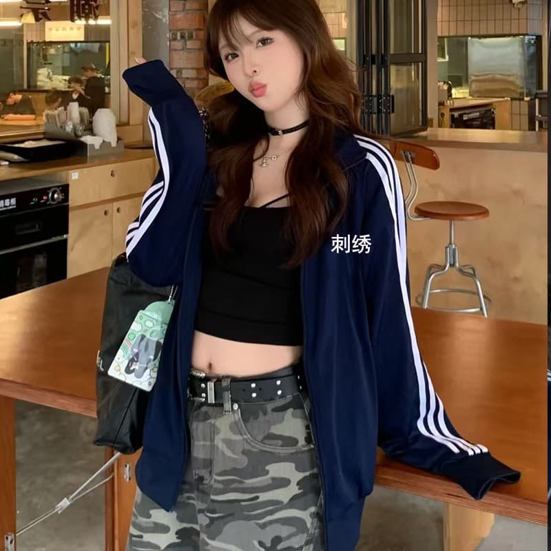 Korean style golden winter same style coat three stripes three leaves embroidery stand collar cardigan sweatshirt jacket top men and women