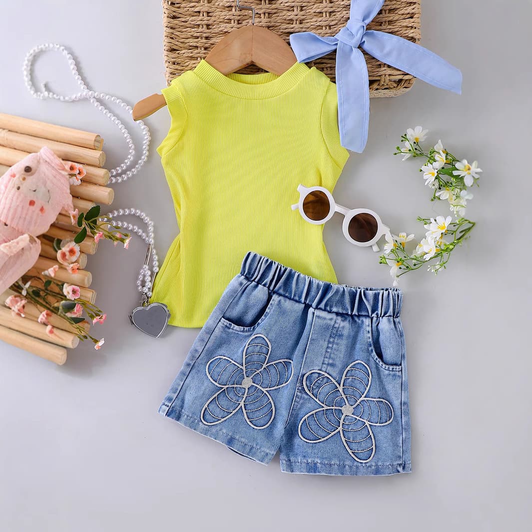 Amazon Cross-border European and American Girls' Summer Set: Ribbed Sleeveless Vest with Washed Embroidered Denim Shorts Two-Piece Set