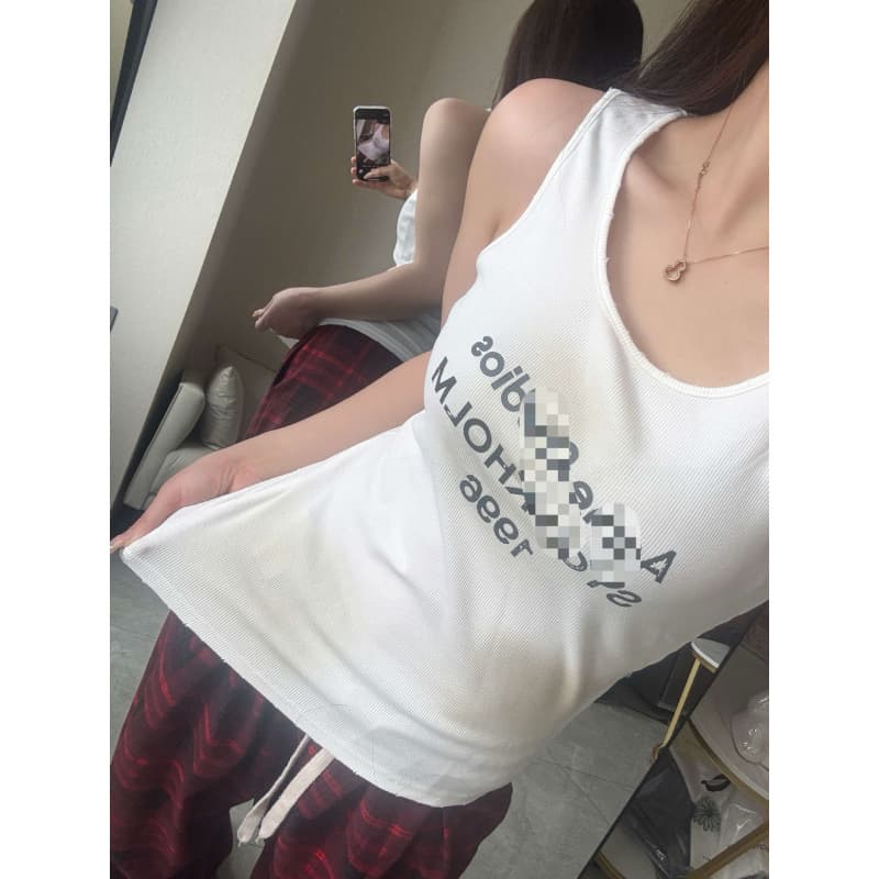 Celebrity Style Ribbed Knit Printed Letter Sleeveless Vest Stretchy Fitted Vintage Inner Layer Top for Women