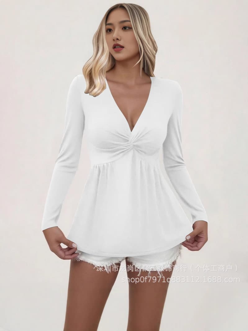 2025 AliExpress Cross-border Women's Fashionable Waist-Nipping Knit Base Top Elegant Commute V-Neck Sexy Blouse