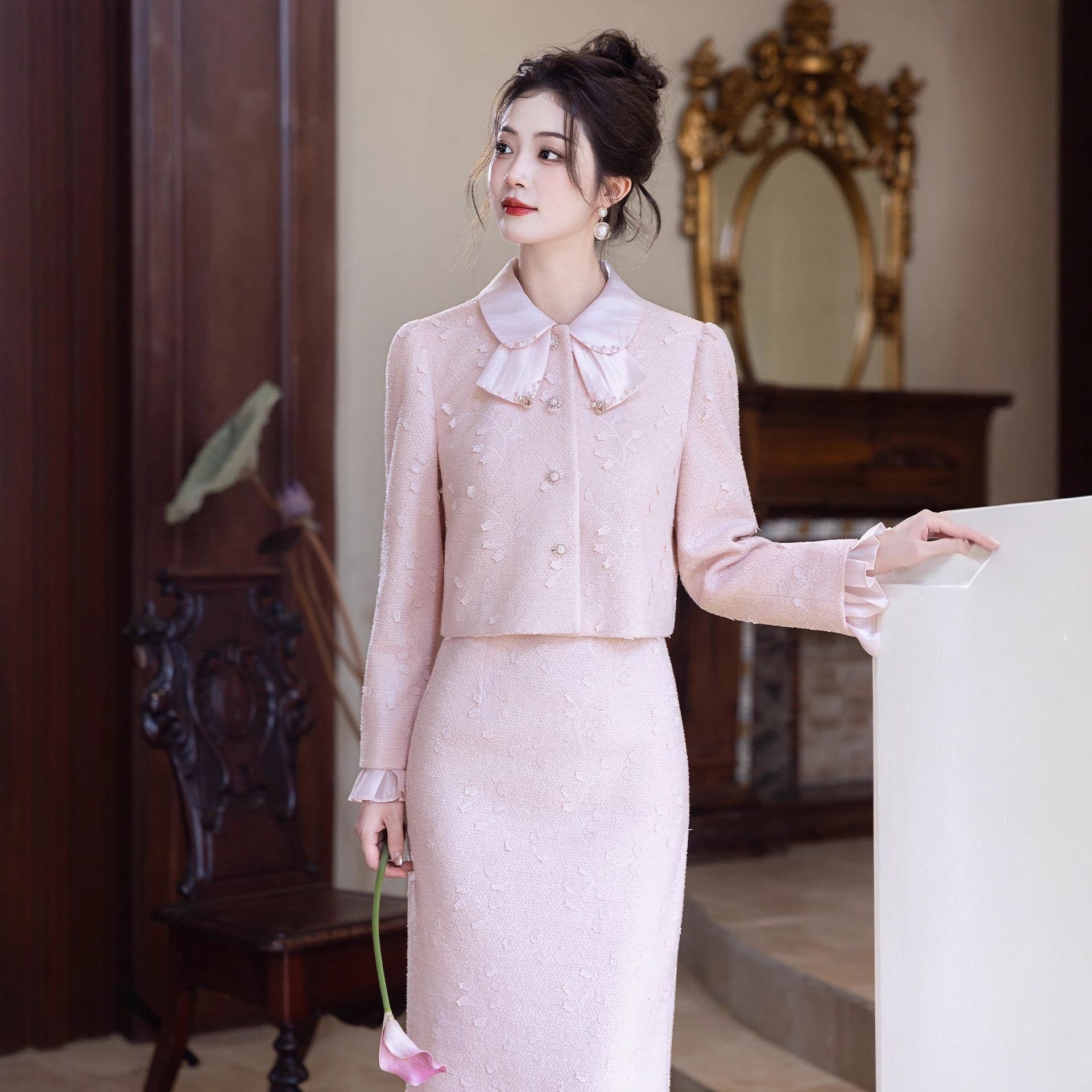 New Chinese Style Pink Engagement Dress 2025 Autumn/Winter New Bride Toast Dress Little Fragrance Style Set for Returning Home and Marriage Registration