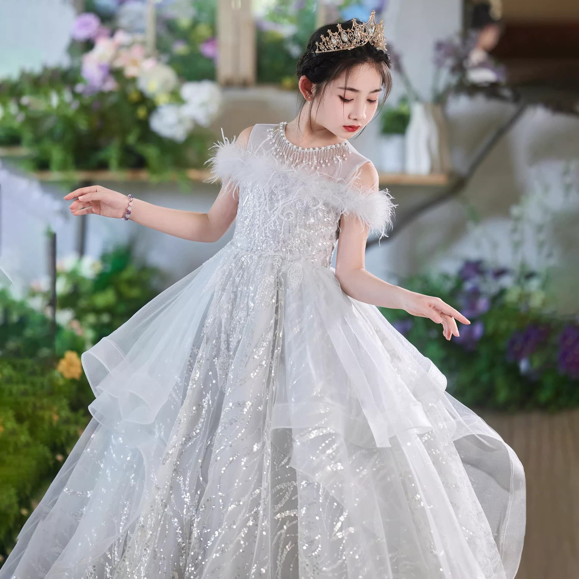 Girls' Formal Dress High-End Luxury Unique Birthday Princess Gown Host Piano Performance Outfit for Girls