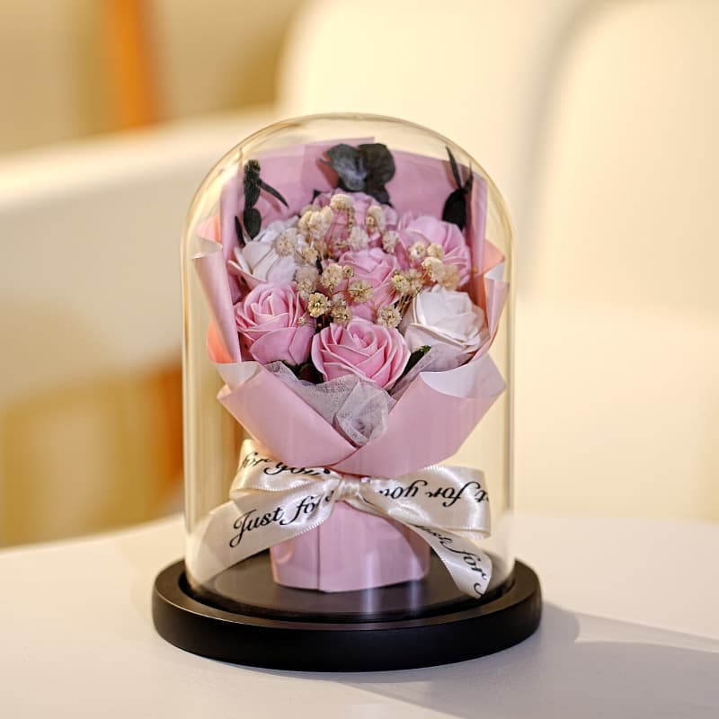 Glass Dome Rose Lamp Qixi Festival Valentine's Day Gift Eternal Flower Bouquet Baby's Breath Dried Flowers Carnation Teacher's Day