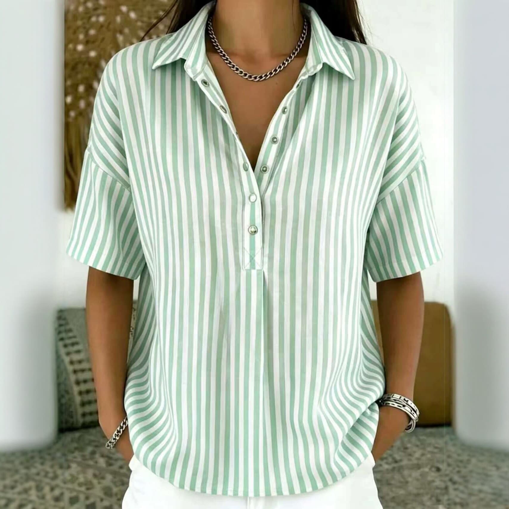 2025 New European and American Style Striped Short Sleeve Shirt for Women, Loose Turn-down Collar Button Top, Summer Fashion Casual Plus Size