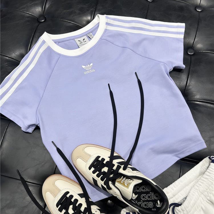 Cross-border Three-leaf Clover Pure Cotton Embroidered Round Neck Color-block T-shirt for Men and Women Summer Fashion Trendy Three-stripe Short Sleeve Top