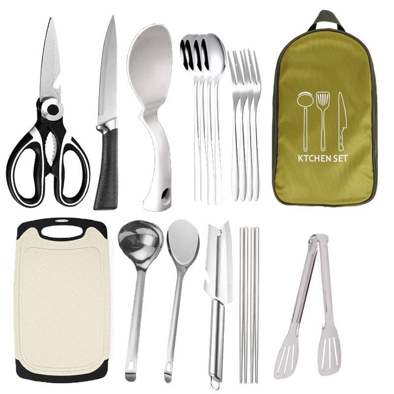 304 stainless steel outdoor cooking utensils, camping kitchen utensils, portable storage bag, handbag cover, camping picnic barbecue supplies