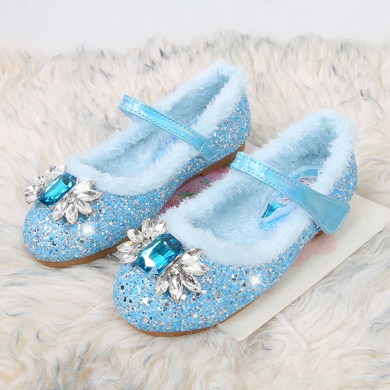 Girls Princess Shoes Winter Elsa Crystal Shoes Girls Fleece-Lined Soft Sole Leather Shoes for Toddlers