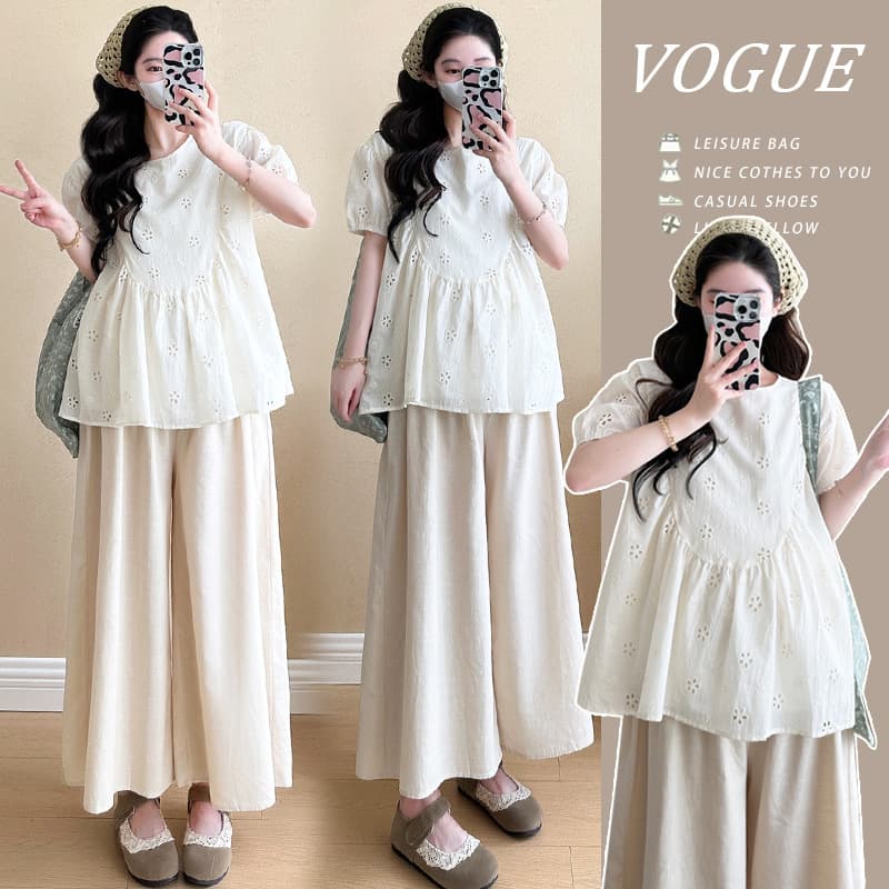 Real Video in Stock 2024 Summer Korean Style Lazy Style Loose Doll Shirt Wide Leg Pants Maternity Two-Piece Set