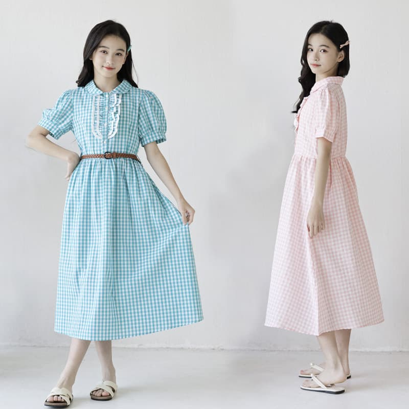 Girls' Dress 2006 Summer Korean Mid-Large Size Sweet Fresh Grid Dress Princess Dress Middle School Student Long Dress