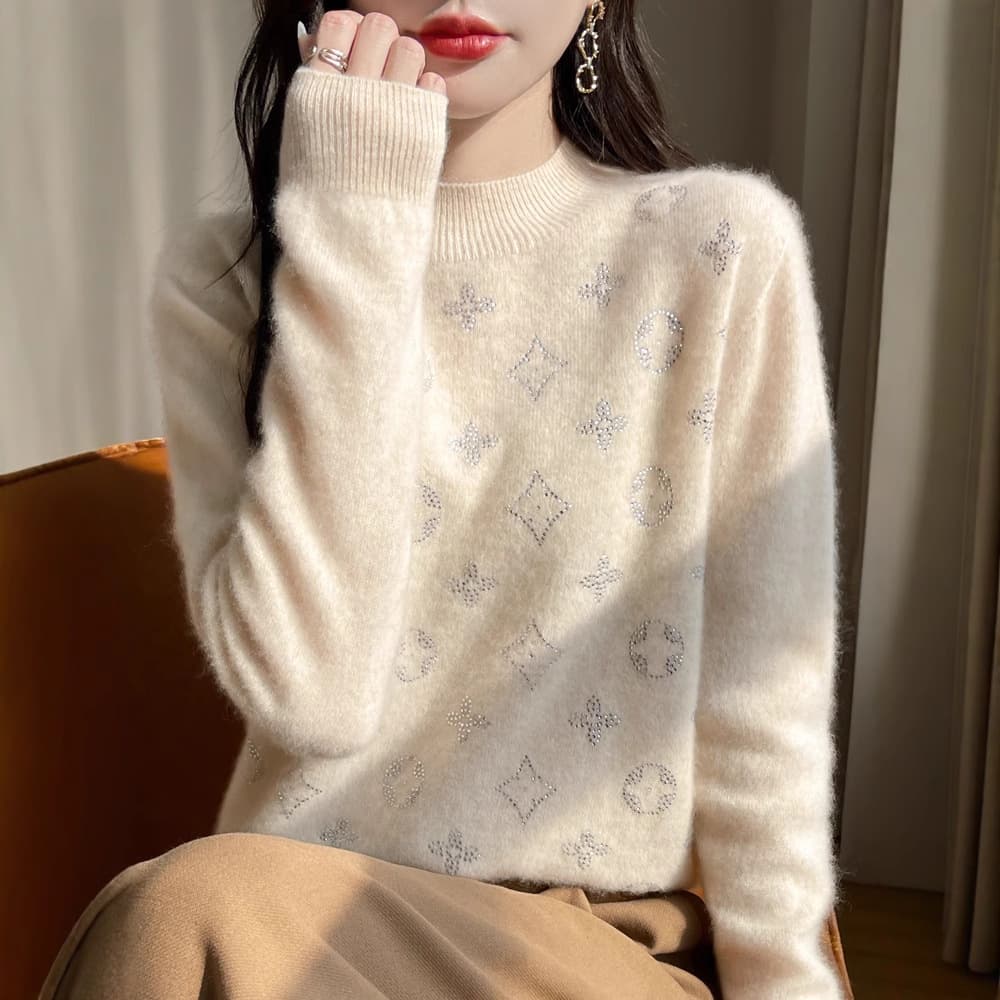 100% Wool Knitted Sweater Women's Semi-Turtleneck Letter Hot-Fix Rhinestone Cashmere Pullover Base Layer 2025 Autumn/Winter New Arrival