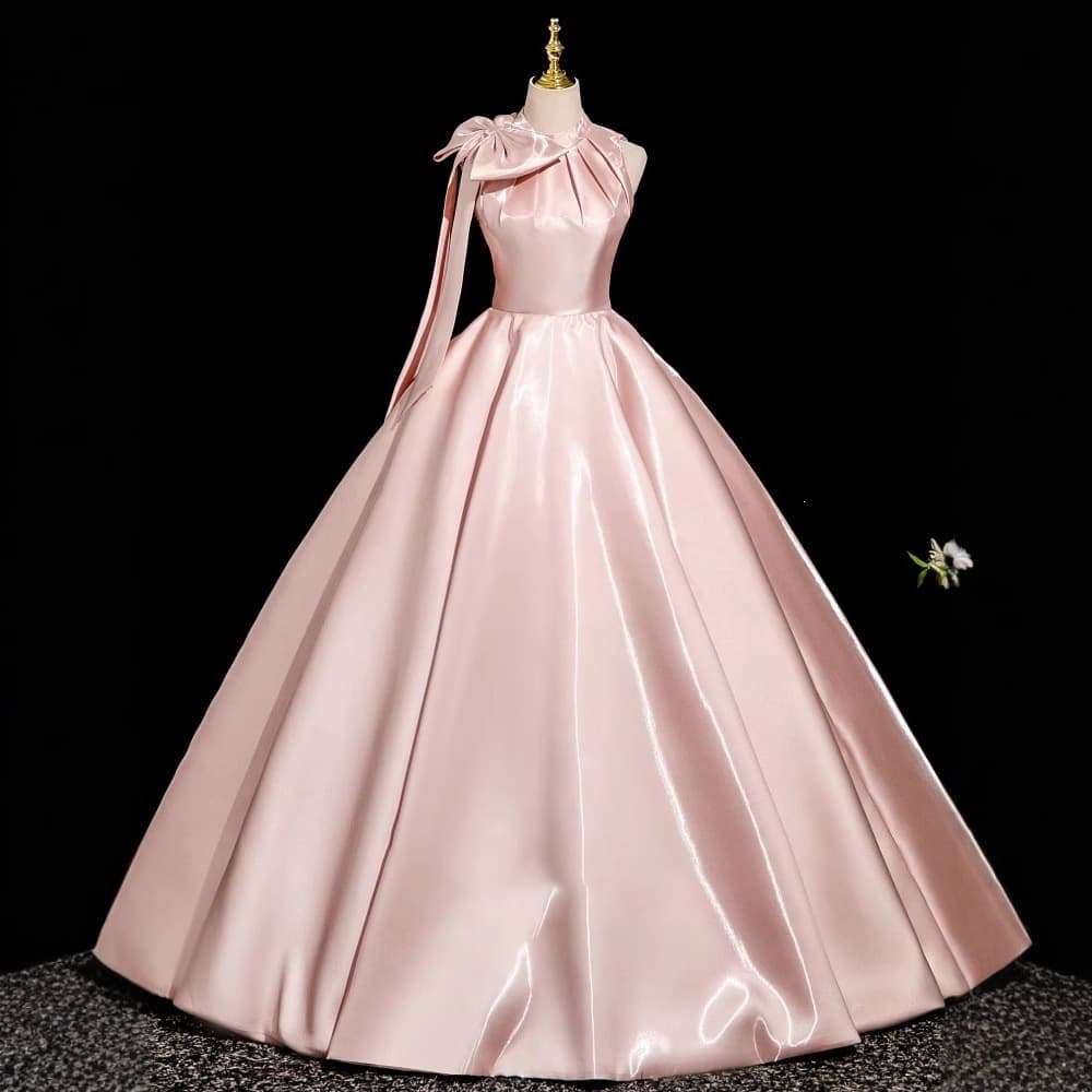 Pink Satin Evening Gown Women 2026 New Engagement Banquet Toast Dress Bride Host Runway Princess Dress