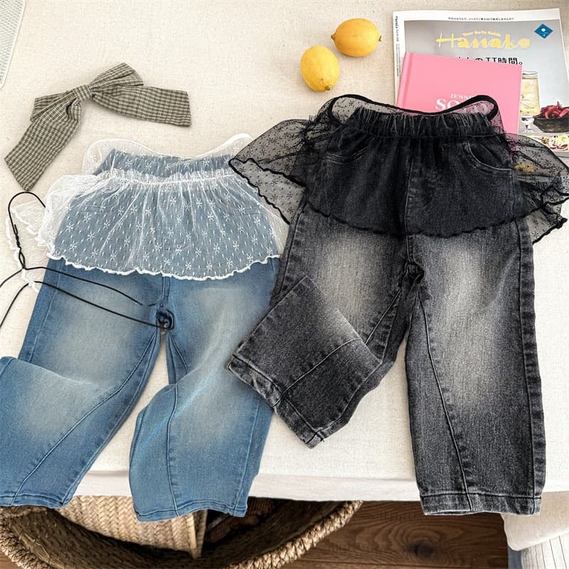 2025 Spring Girls Jeans and Tulle Skirt Two-Piece Set, Baby Girl Stylish Straight-Leg Jeans with Puff Skirt, Export Children's Clothing