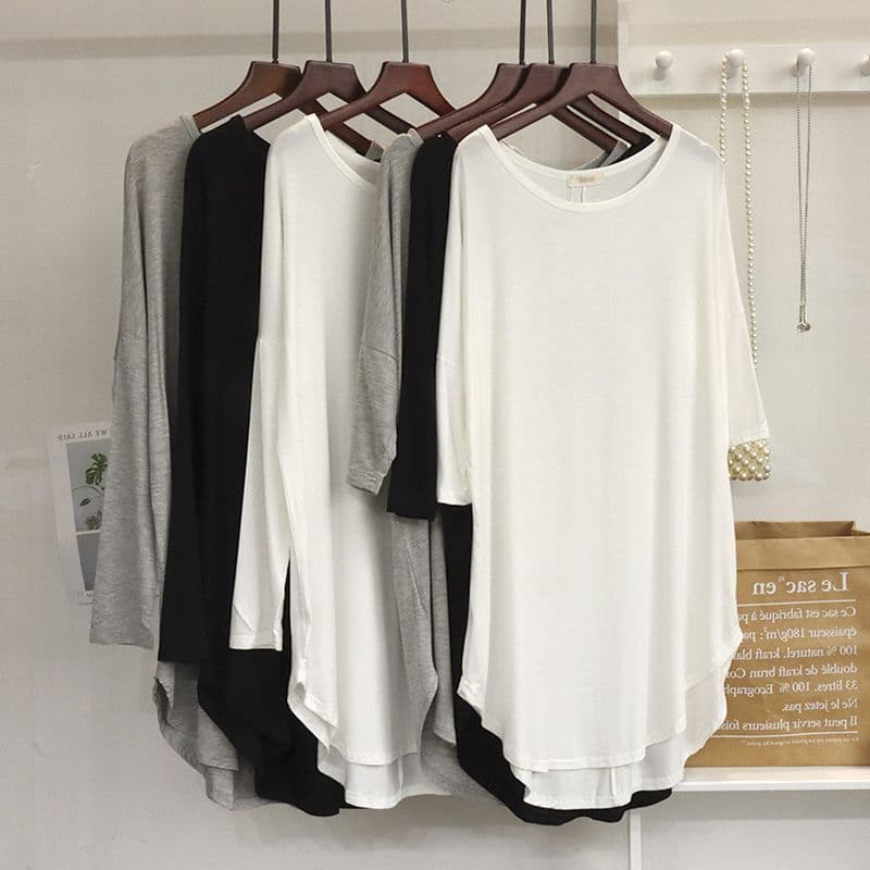 Modal Base Layer Shirt Women's Spring Summer Thin Irregular Loose Long Sleeve Half Sleeve Sun Protection Top Comfortable round Neck