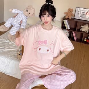 Cute Hello Kitty Cotton Pajama Set for Women Summer Pullover Short Sleeve Long Pants Casual Cartoon Wearable Homewear Set