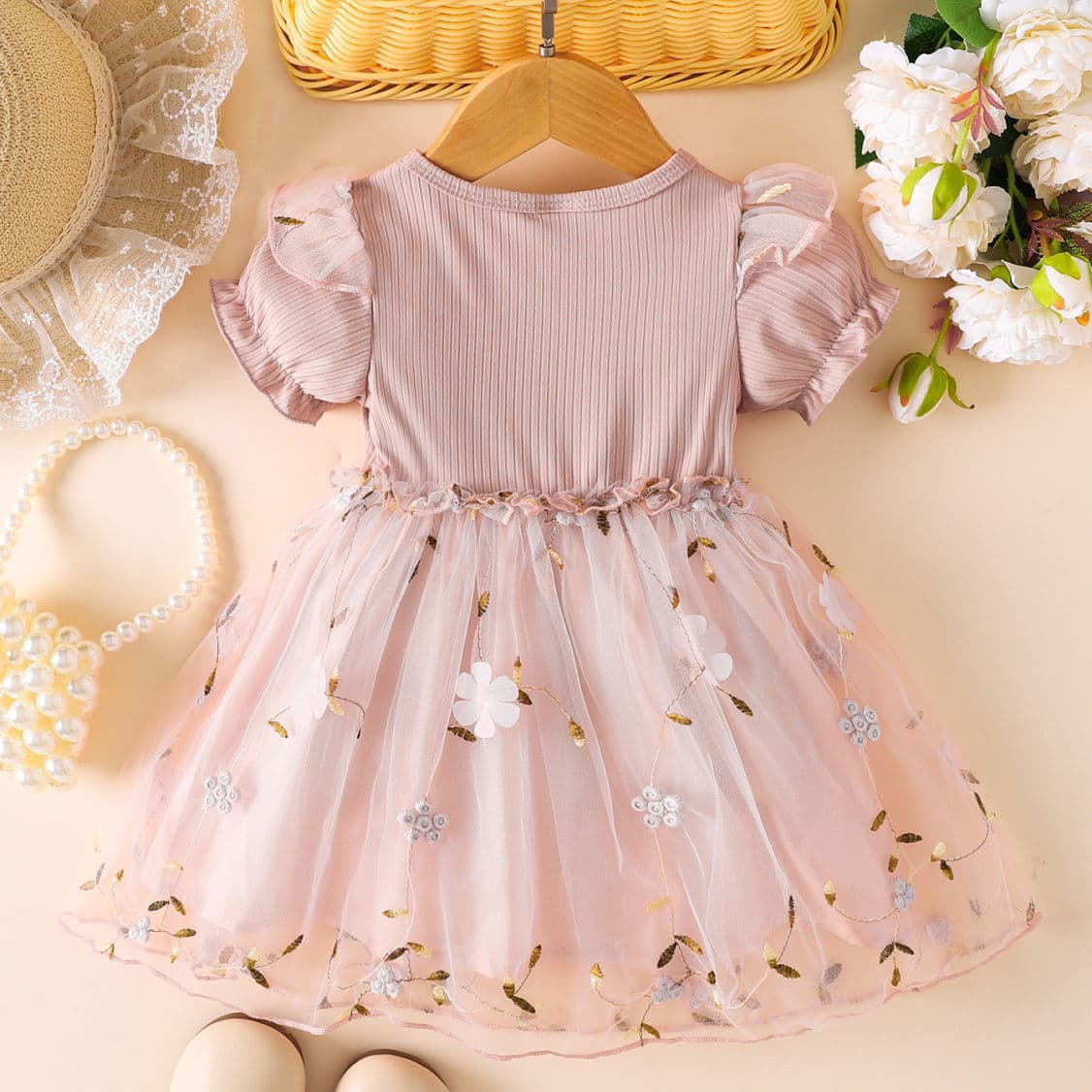 Girls Pink Slimming Tulle Dress, Children's Summer Fashion Short Sleeve Princess Dress, Baby Sweet Bubble Sleeve Stylish