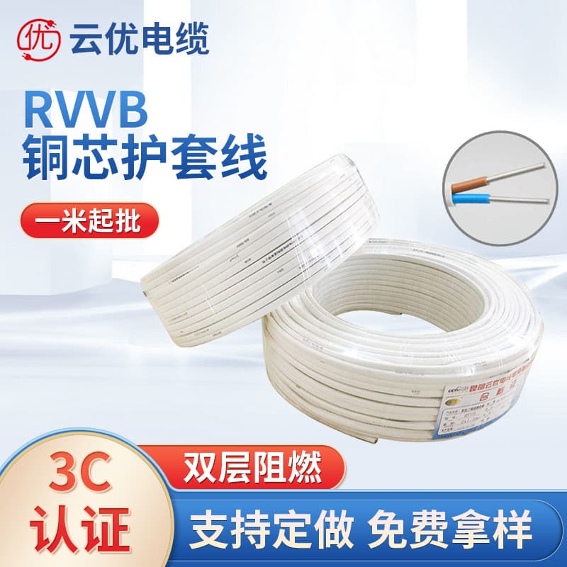 RVVB National Standard Pure Copper Wire, White Copper Core Sheathed Cable, Double Insulated Parallel Power Cord for Home Use