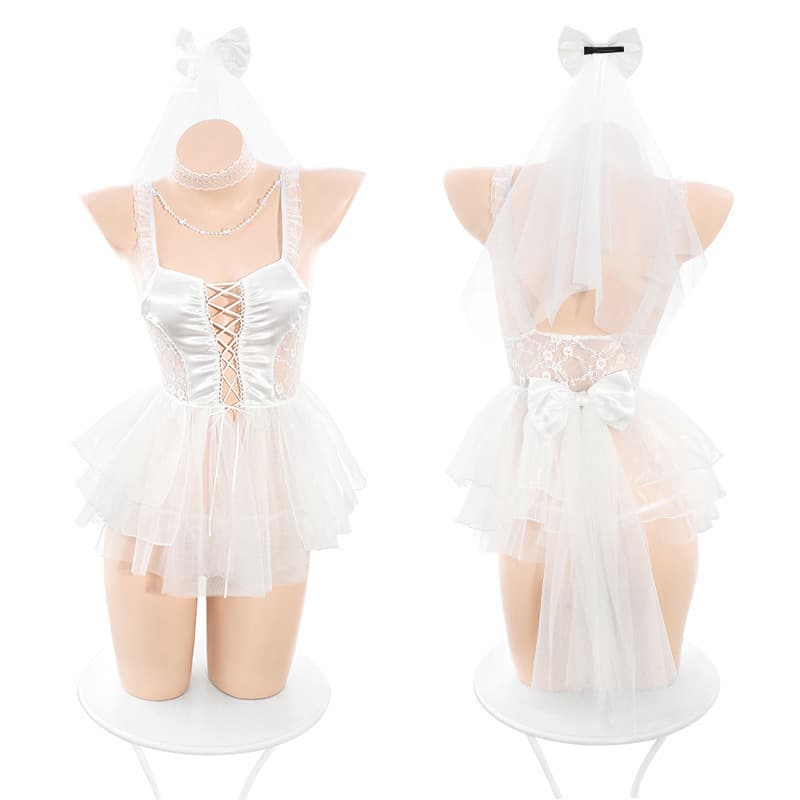 Sexy Lingerie Set with Beaded Chain Front Tie, Bride Costume, Pure and Seductive, Open Butt, Easy Off, Plus Size