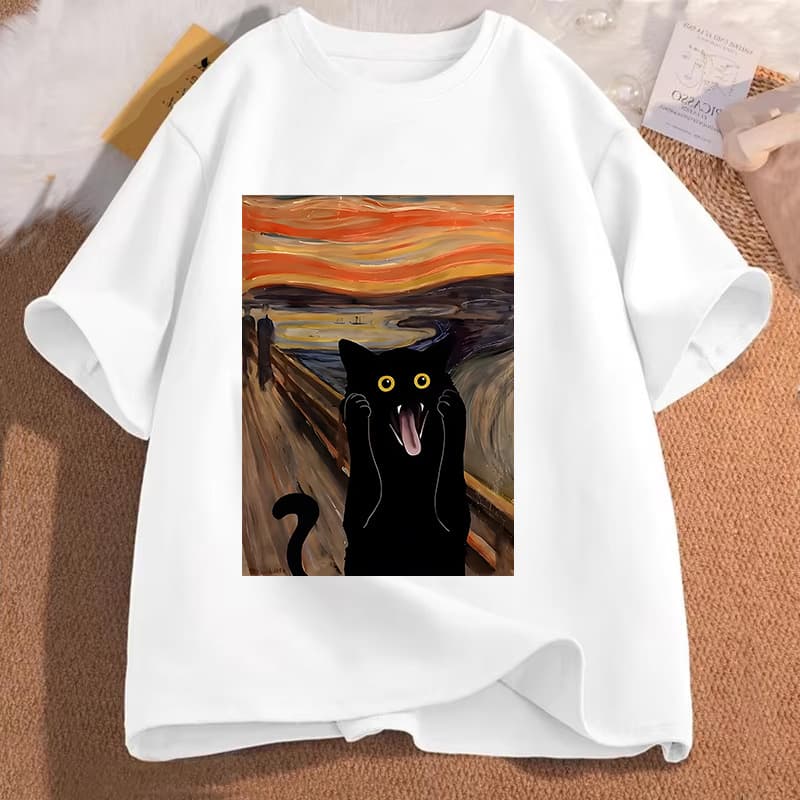 Scared Cat Print Clothes Crew Neck Men Women's T-shirt Casual