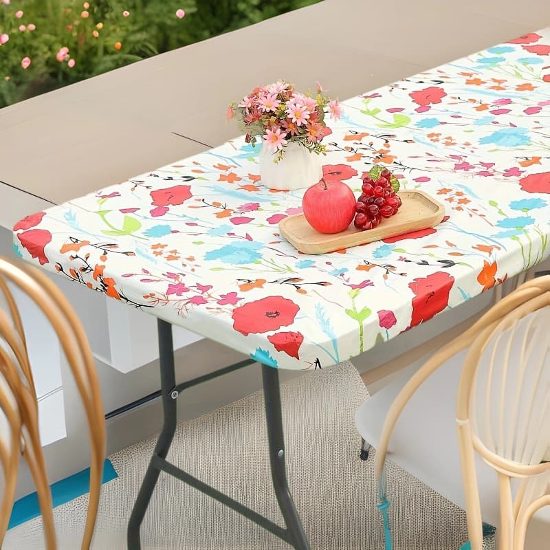 PVC Flannel Tablecloth Waterproof Oil-Proof Garden Table Cover Elastic Band Table Cover Party Table Cloth Red Flower Pattern