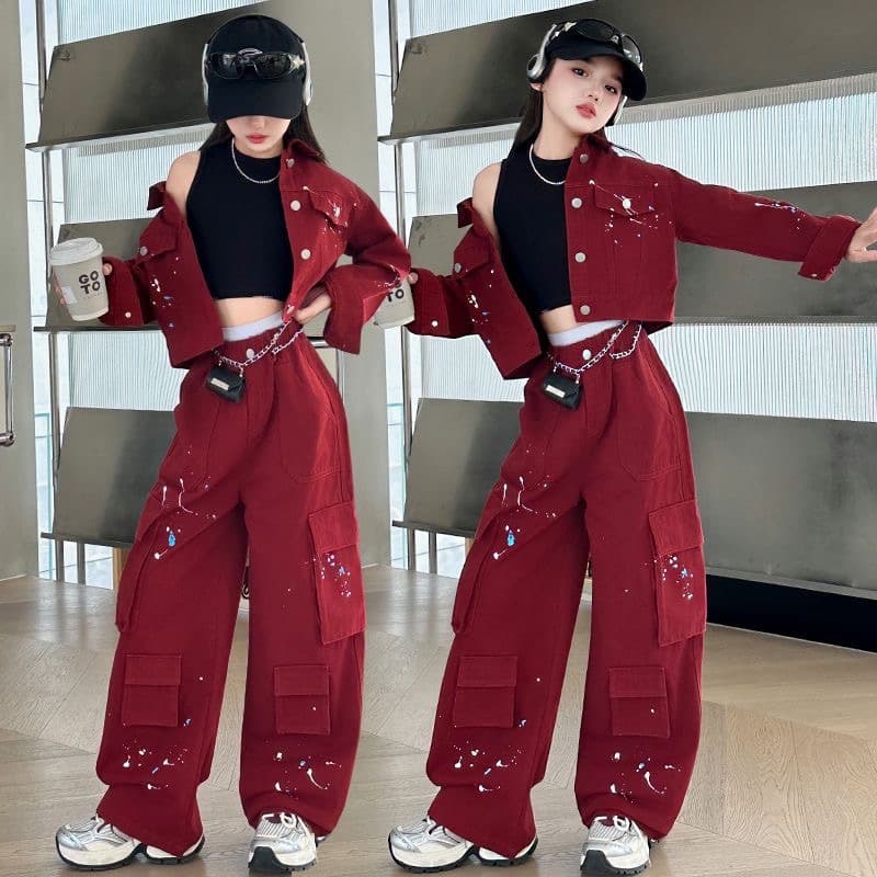 Girls' Spray Paint Denim Set Spring/Autumn Children's Rendered Cargo Pants Casual Two-Piece Set 2025 New Stylish Kids' Wear