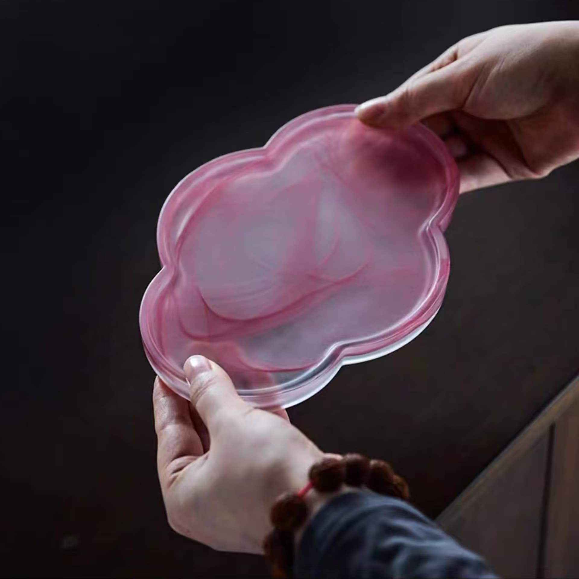 Home Water-Ink Teapot Tray Frosted Glass Begonia Dry Brewing Platform Pink Splashed Ink Zen Tray Tea Set Accessories Small Tea Tray