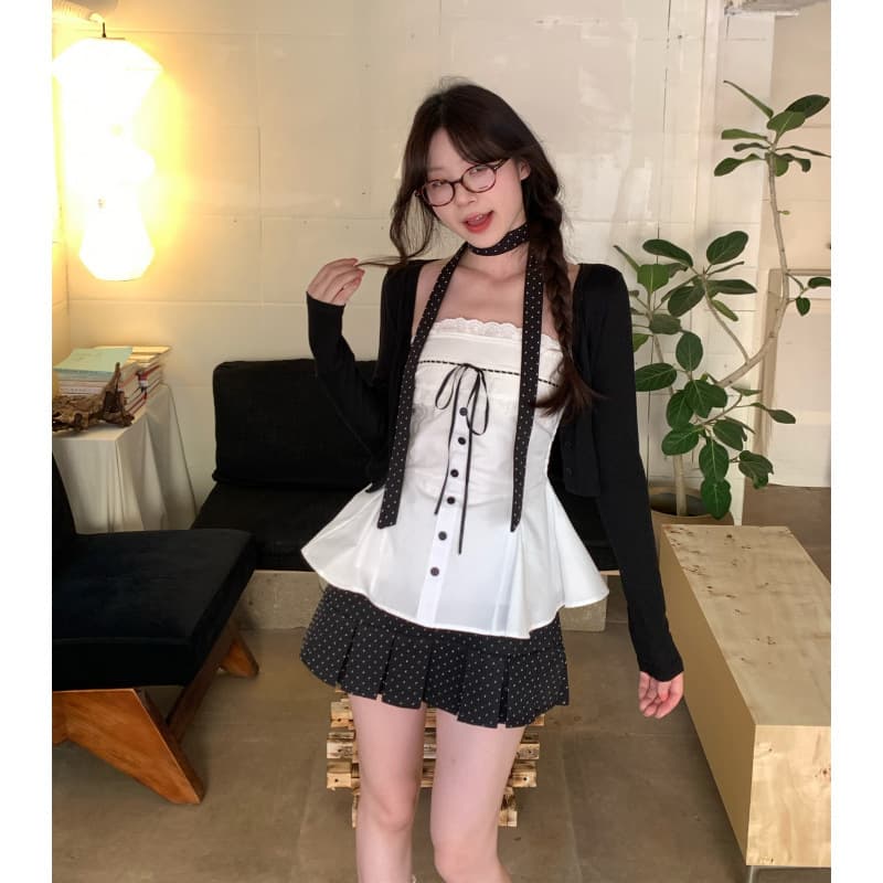 Summer New Plus Size Three-Piece Set: Knitted Cardigan Jacket, Lace Bow Suspender Top + Polka Dot Short Skirt