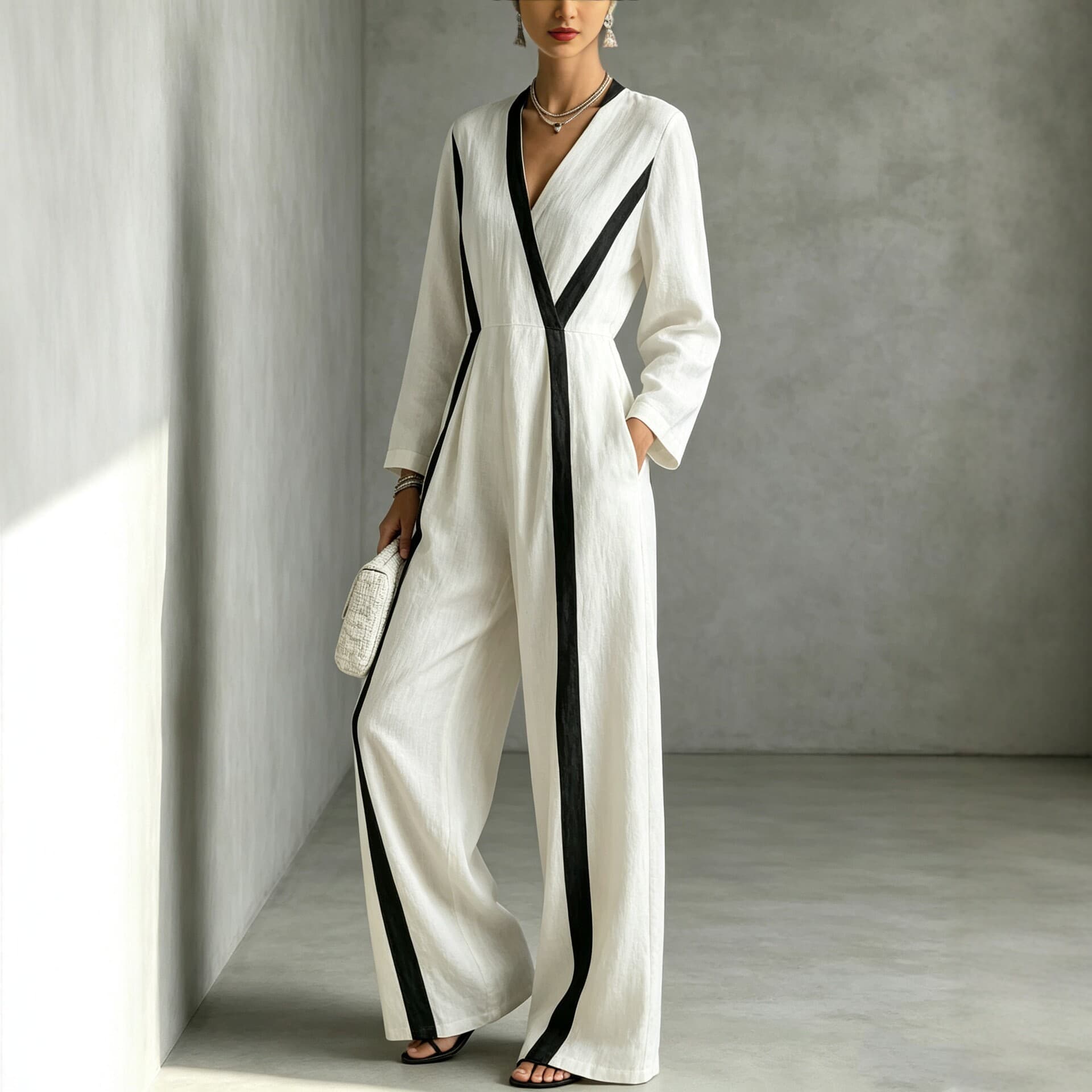 Women's European and American Loose V-Neck Long-Sleeve Jumpsuit, Linen-Like Wide-Leg Pants, Fashionable Casual Long Jumpsuit