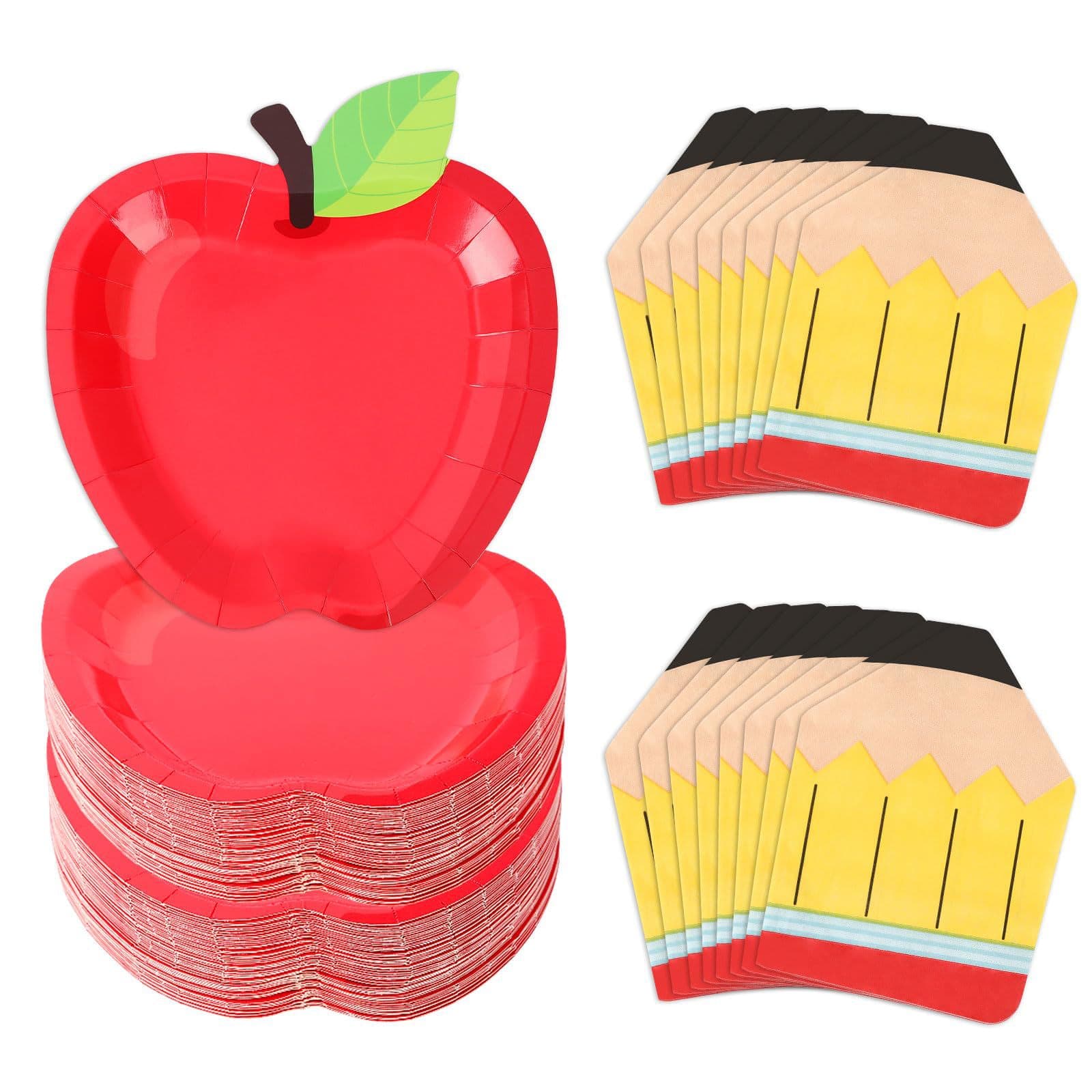 100-Pack Red Apple Shape Paper Plates, Pencil Shape Napkins, Back-to-School Party Supplies for School Celebration