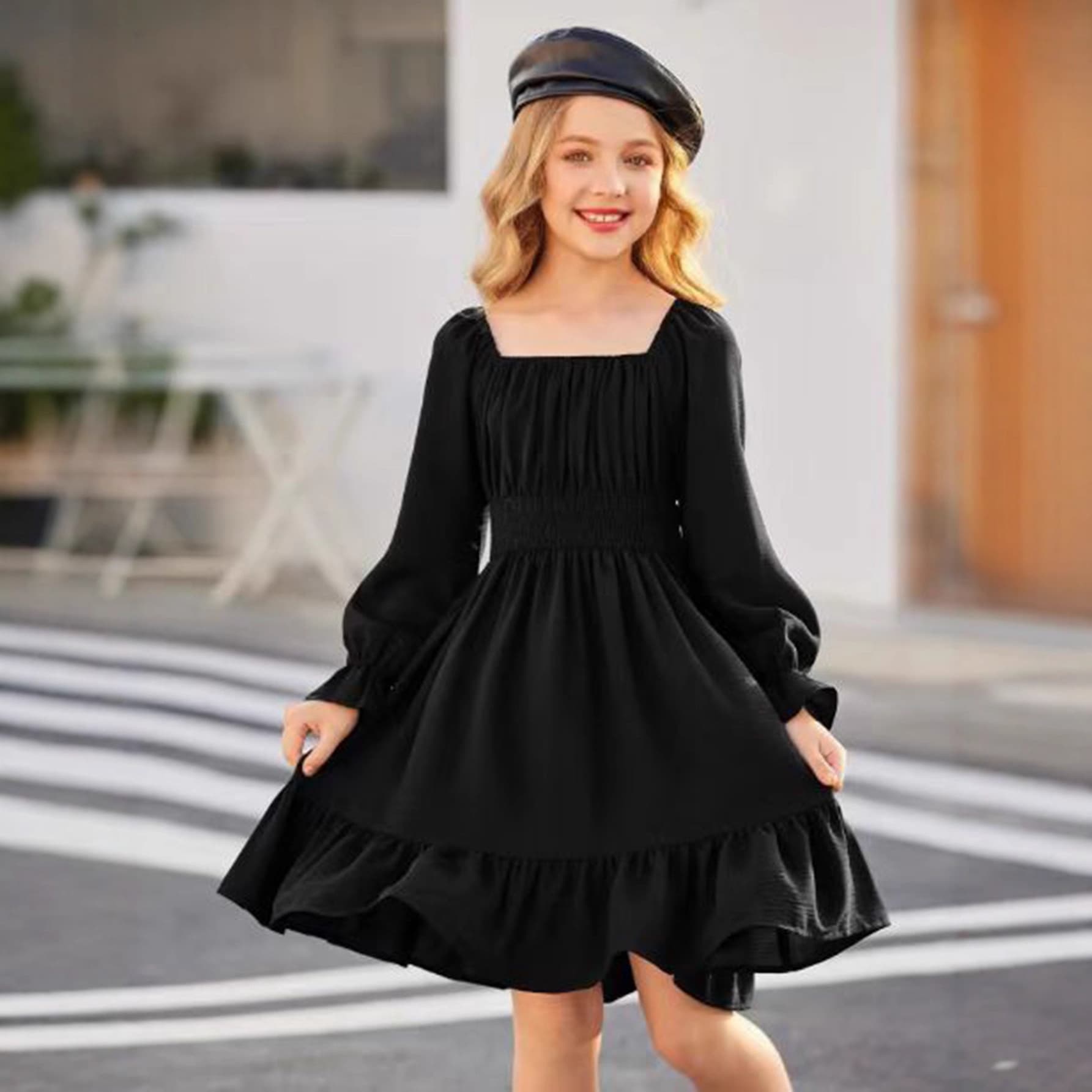 Spring/Summer European and American style square neckline flared long sleeves with ruffled hem dress - Amazon best-selling cross-border long-sleeved children's clothing