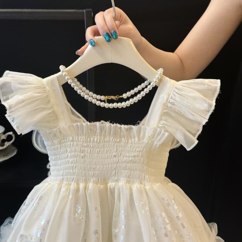 Girls Princess Dress Summer 2026 New Exquisite Stylish White Gown Children Butterfly Wings Dress