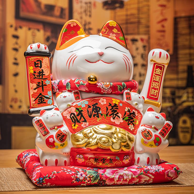 Dehua Ceramic Automatic Greeting Waving Lucky Cat Ornament Wealth Cat Store Opening Housewarming Gift Cashier Counter