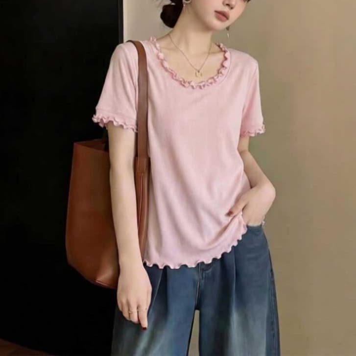 Pink Ruffle Short Sleeve T-Shirt for Women 2026 New Summer Plus Size Flattering Tummy Cover Regular Shoulder Top