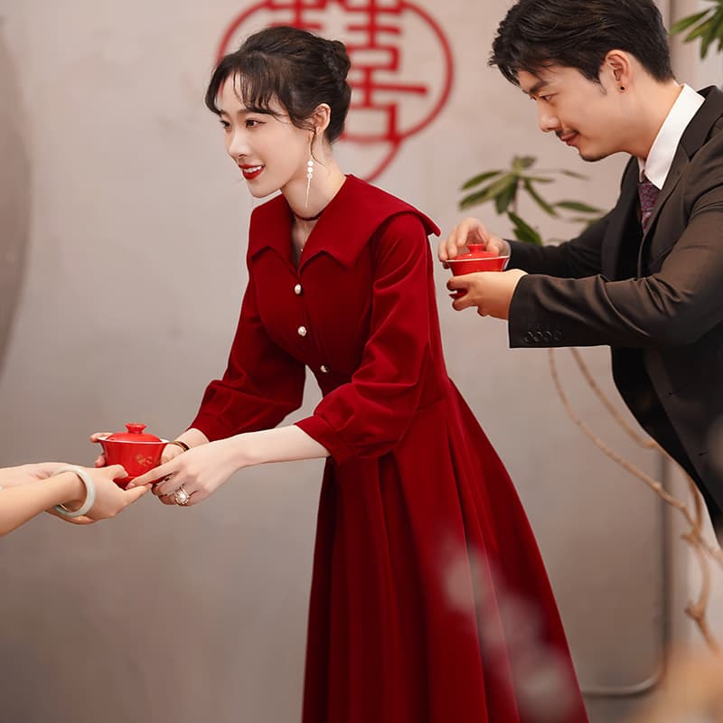 Toast Wear Bride 2026 New Long Sleeve Burgundy Wedding Engagement Dress Large Lapel Dress Princess Dress