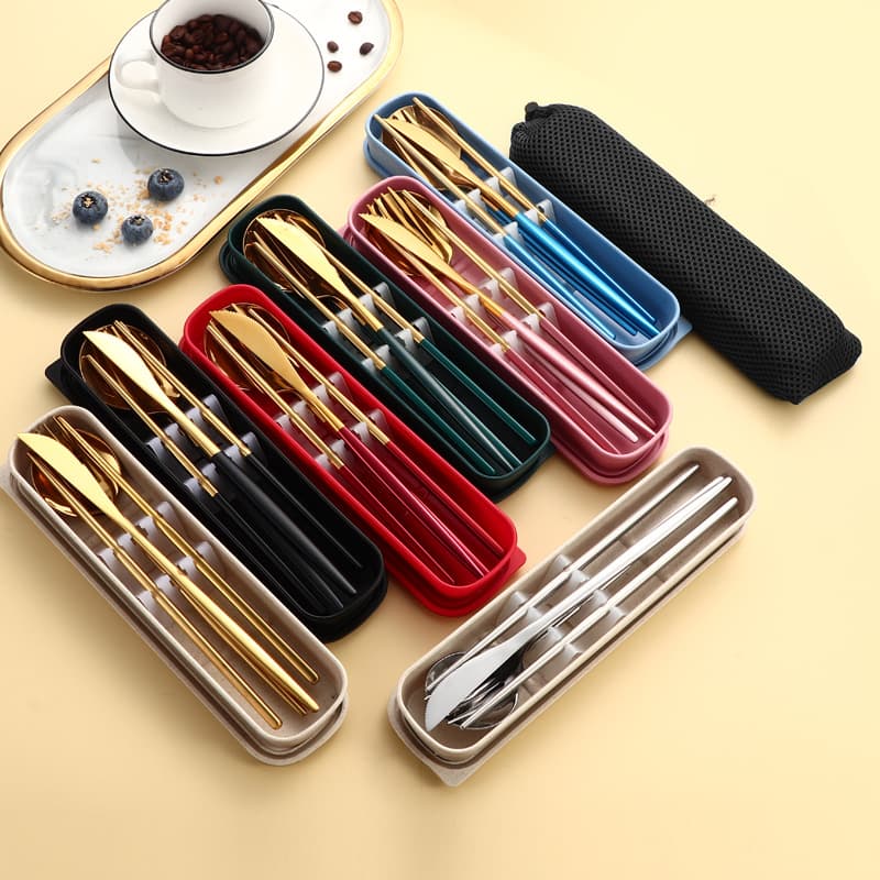 Cross-border Stainless Steel Portugal Knife Fork Spoon Chopsticks Portable 6-Piece Student Cutlery Set with Storage Box, Custom Logo Printing