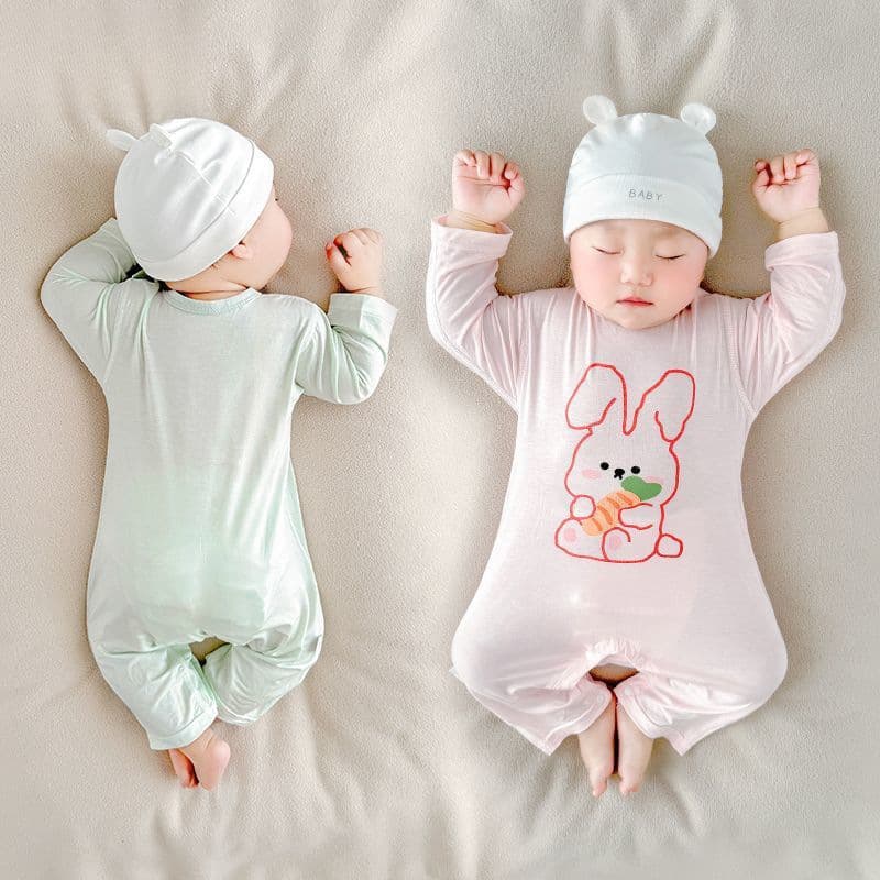 Baby Romper Summer Air Conditioning Sleepwear Thin Long Sleeve Boys and Girls Bodysuit Protective Belly Modal