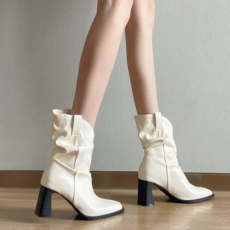 Slim Boots Outer Wear French Style Chunky Heel Square Toe 2026 White Versatile Summer Four Seasons Low Heel New Design Short Boots