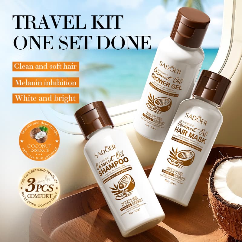 SADOER Coconut Oil Hair & Body Travel 3-Piece Set Shampoo Body Wash Hair Mask All English