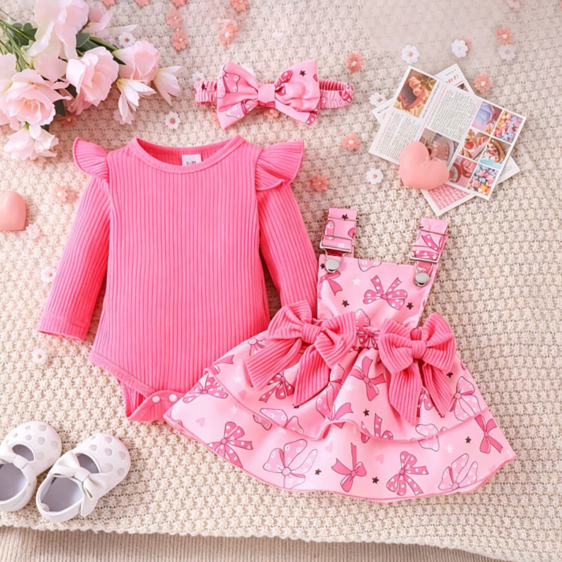 Baby Girls Clothes 0-12M Spring and Autumn Long-Sleeve Bodysuit + Suspender Skirt + Headband In Stock